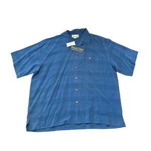 Paradise Coves Button Down Men Blue Washable Silk Textured Grid NWT SIZE XXL